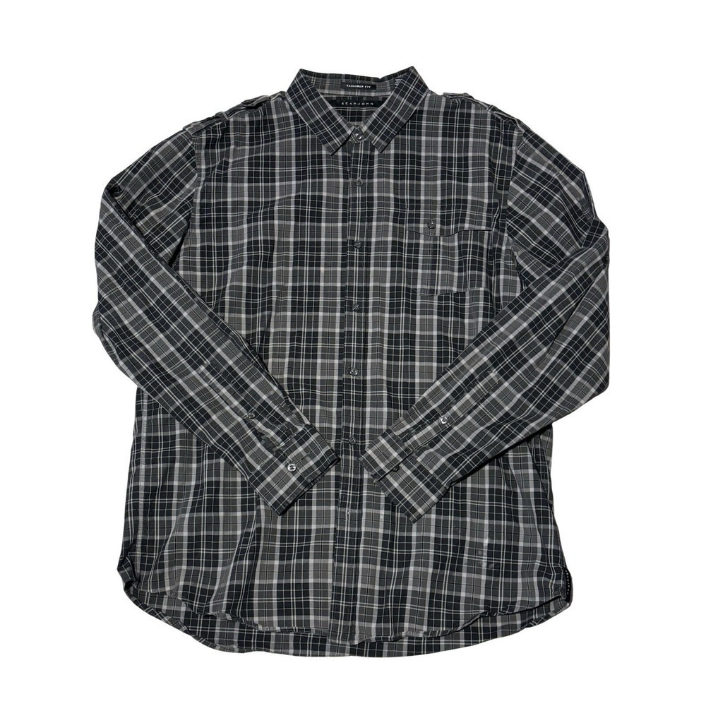 Preowned Sean John Black Plaid Long Sleeve Button-up Shirt Mens  3X Excellent